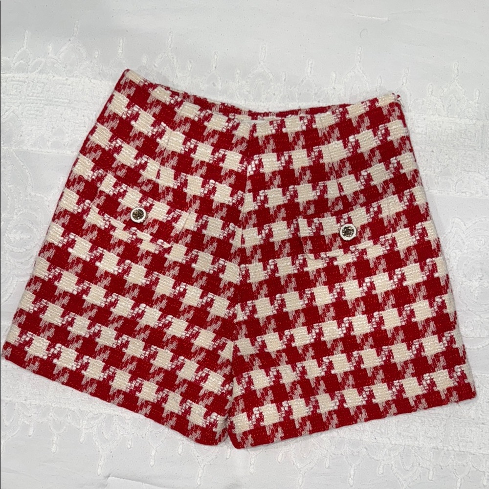 Sandro Red and White Tweed High Waisted Shorts